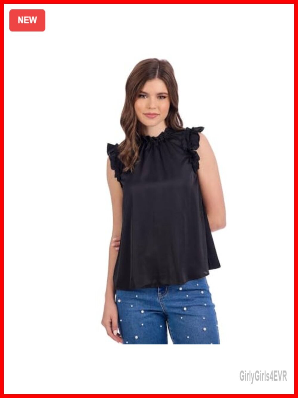 Poly Satin Ruffle Neck Flutter Sleeve Top